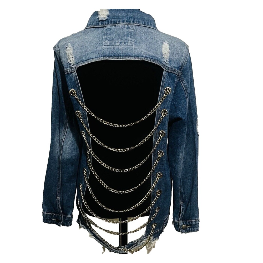 American Bazi Distressed Longline Denim Jacket | Chain Drape Open Back Grunge